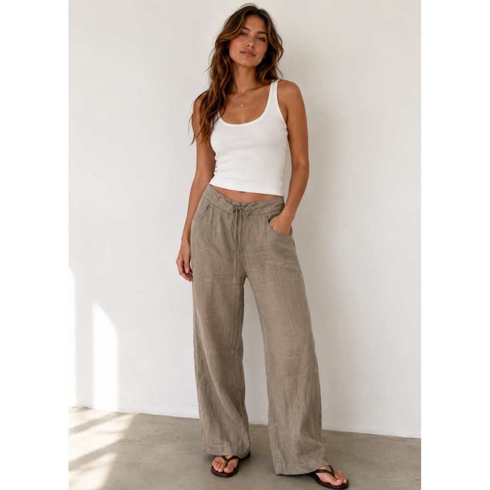 Max Edition Womens 100% Linen Wide Leg Drawstring Pants Flax Taupe Size L NWT